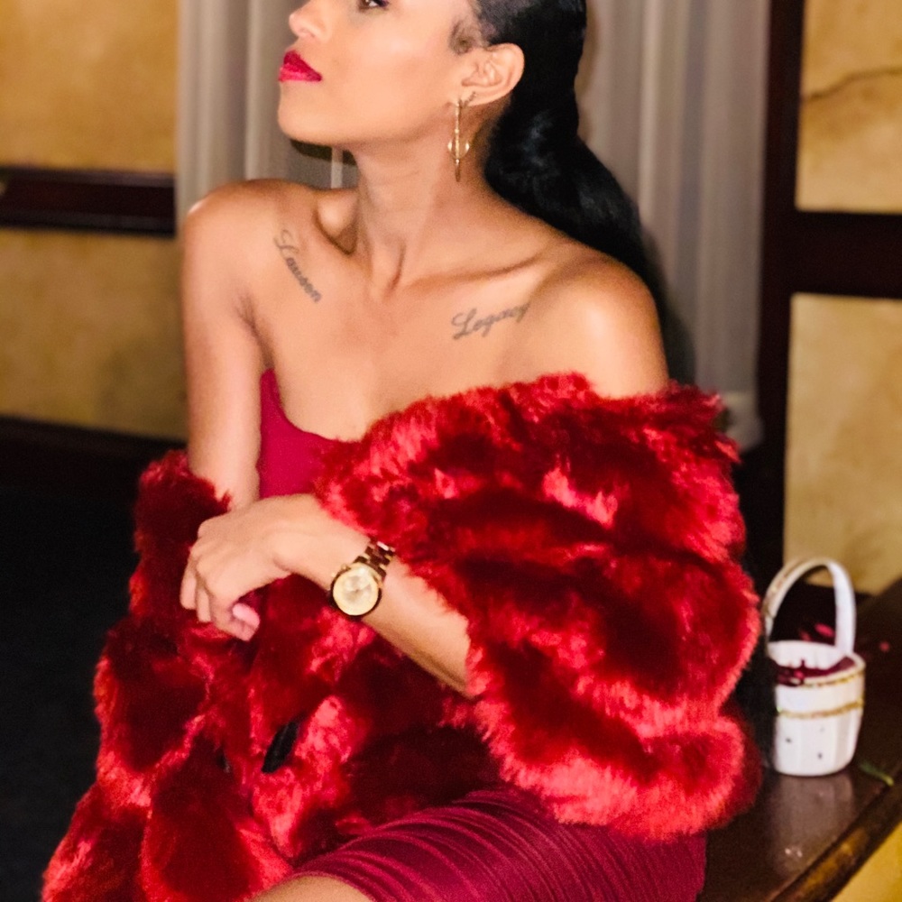 OhPolly Burgundy Midi Strapless Dress